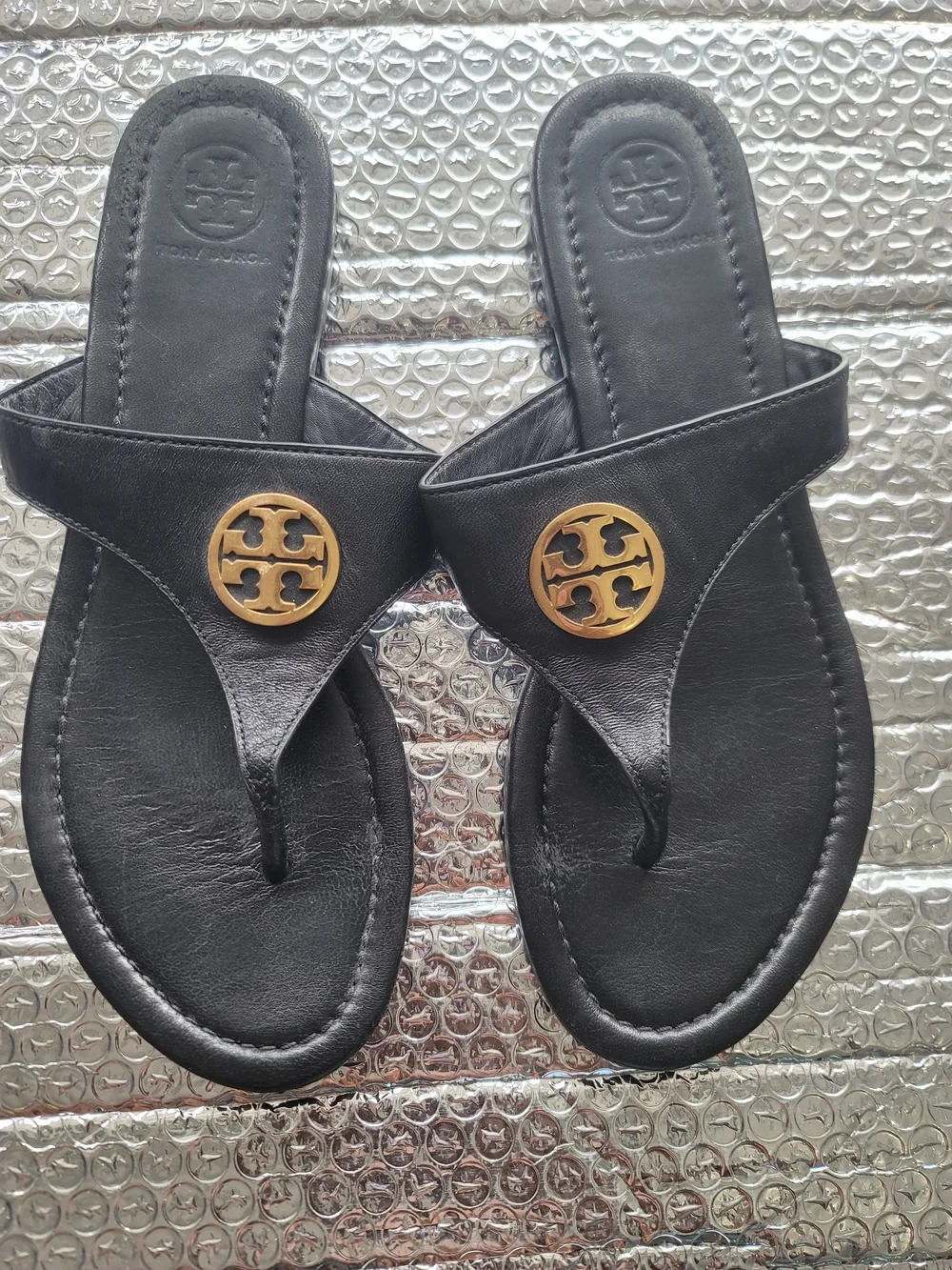 Tory Burch Black Miller Thong Sandals with Gold Logo